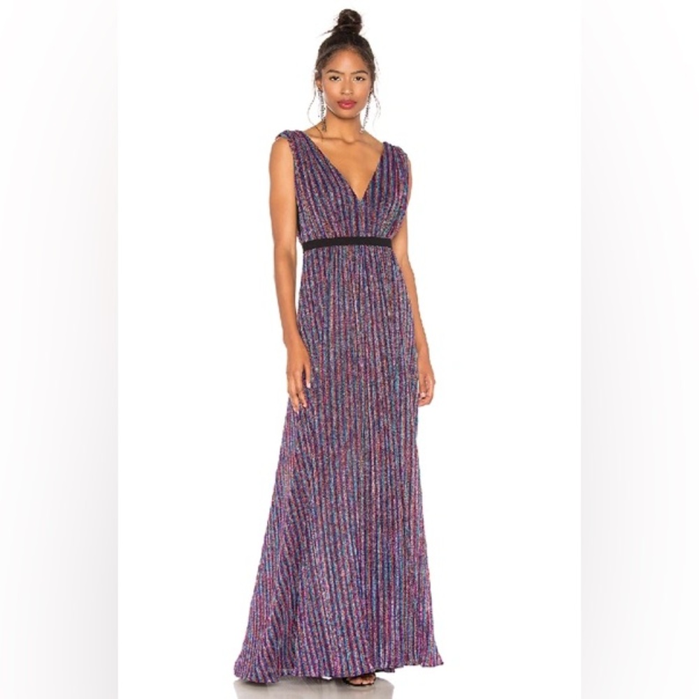 BCBGMaxAzria Multicolored Metallic Shimmer Stripe Pleated Knit Dress
